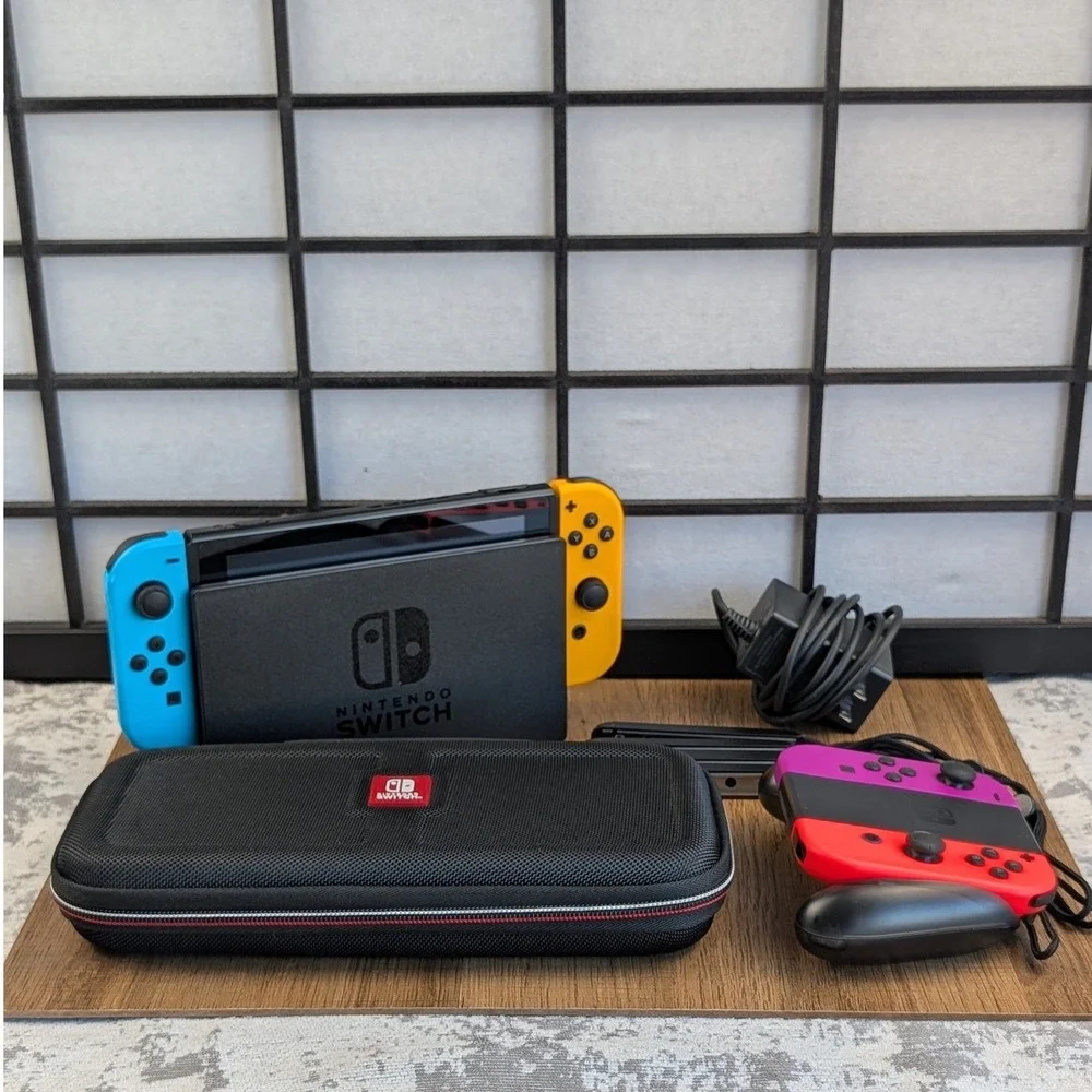 Nintendo Switch HAC-001 Bundle 4 Joy-Cons 128GB SD Card Dock Case Neon Colors